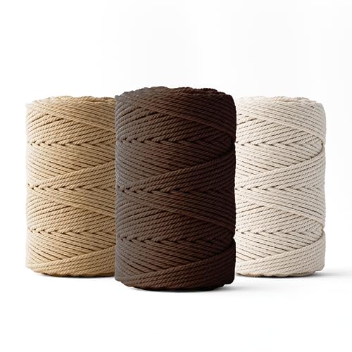 Ledent Makramee Garn (2mm, 3 x 70M, Set mit 3 Farben: ecru, dunkelbraun & braun) doppelt gedreht - Seil für Makramee aus 100% recyceltes Baumwollgarn - Makramee Garn zum Basteln von Ledent