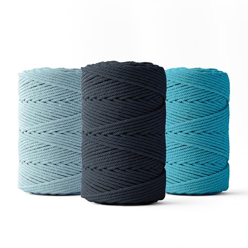 Ledent Makramee Garn (2mm, 3 x 70M, Set mit 3 Farben: dunkelblau, hellblau & türkis) doppelt gedreht - Seil für Makramee aus 100% recyceltes Baumwollgarn - Makrame Garn zum Basteln von Ledent
