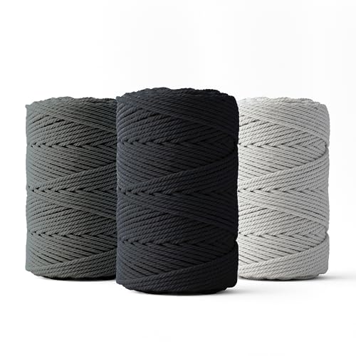 Ledent Makramee Garn (2mm, 3 x 70M, Set mit 3 Farben: mausgrau, Graphit & schwarz) doppelt gedreht - Seil für Makramee aus 100% recyceltes Baumwollgarn - Makrame Garn zum Basteln von Ledent