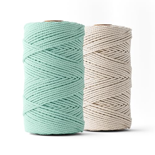 Ledent Makramee Garn (3mm, 2 x 120M, Set 2 Farben, Aqua & Ecru) doppelt gedreht - Seil für Makramee aus 100% recyceltes Baumwollgarn - Seil Makrame Basteln von Ledent