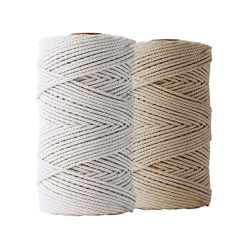 Ledent Makramee Garn (3mm, 2 x 120M, Set 2 Farben, Ecru & Sand) doppelt gedreht - Seil für Makramee aus 100% recyceltes Baumwollgarn - Seil Makrame Basteln von Ledent