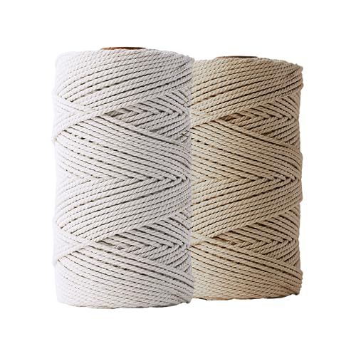 Ledent Makramee Garn (3mm, 2 x 120M, Set 2 Farben, Ecru & Sand) doppelt gedreht - Seil für Makramee aus 100% recyceltes Baumwollgarn - Seil Makramee Basteln von Ledent