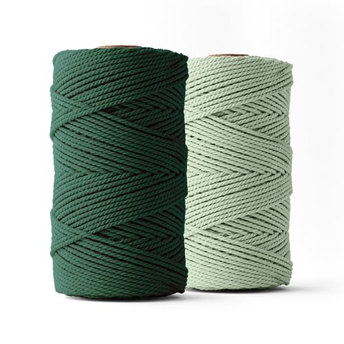 Ledent Makramee Garn (3mm, 2 x 120M, Set 2 Farben, Eukalyptus & Dunkelgrün) doppelt gedreht - Seil für Makramee, 100% recyceltes Baumwollgarn - Seil Makrame Basteln von Ledent