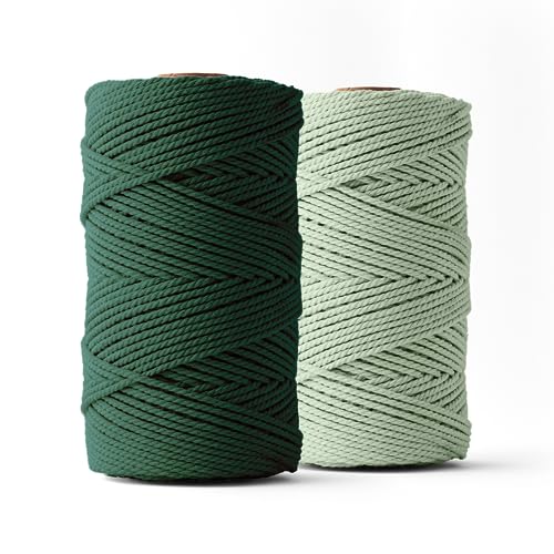 Ledent Makramee Garn (3mm, 2 x 120M, Set 2 Farben, Eukalyptus & Dunkelgrün) doppelt gedreht - Seil für Makramee, 100% recyceltes Baumwollgarn - Seil Makramee Basteln von Ledent