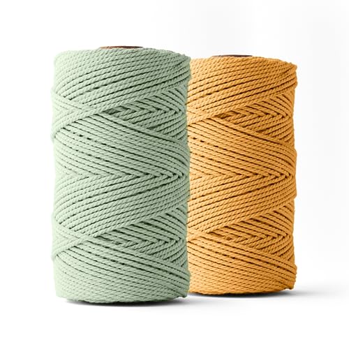 Ledent Makramee Garn (3mm, 2 x 120M, Set 2 Farben, Eukalyptus & Senfgelb) doppelt gedreht - Seil für Makramee, 100% recyceltes Baumwollgarn - Seil Makrame Basteln von Ledent