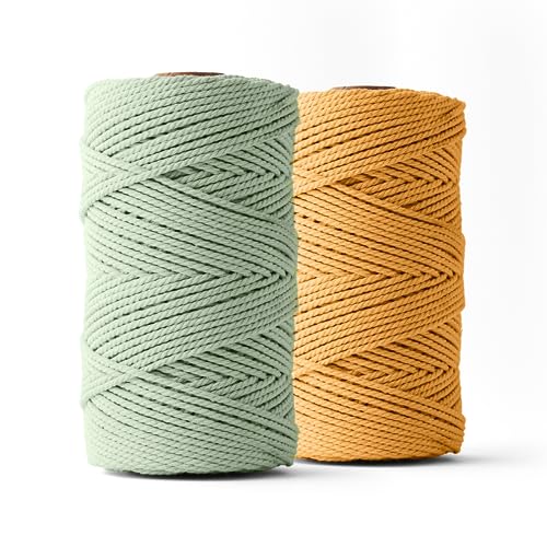 Ledent Makramee Garn (3mm, 2 x 120M, Set 2 Farben, Eukalyptus & Senfgelb) doppelt gedreht - Seil für Makramee, 100% recyceltes Baumwollgarn - Seil Makramee in verschiedenen Farben zum Basteln von Ledent