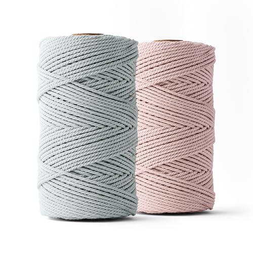 Ledent Makramee Garn (3mm, 2 x 120M, Set 2 Farben, Hellrosa & Mausgrau) doppelt gedreht - Seil für Makramee, 100% recyceltes Baumwollgarn - Seil Makramee Basteln von Ledent