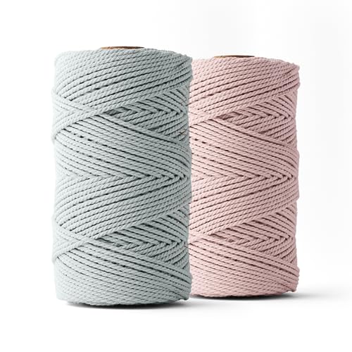 Ledent Makramee Garn (3mm, 2 x 120M, Set 2 Farben, Hellrosa & Mausgrau) doppelt gedreht - Seil für Makramee, 100% recyceltes Baumwollgarn - Seil Makrame Basteln von Ledent