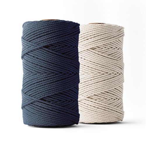 Ledent Makramee Garn (3mm, 2 x 120M, Set 2 Farben, Marineblau & Ecru) doppelt gedreht - Seil für Makramee aus 100% recyceltes Baumwollgarn - Seil Makrame Basteln von Ledent