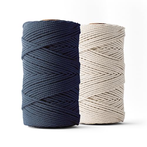 Ledent Makramee Garn (3mm, 2 x 120M, Set 2 Farben, Marineblau & Ecru) doppelt gedreht - Seil für Makramee aus 100% recyceltes Baumwollgarn - Seil Makramee Basteln von Ledent