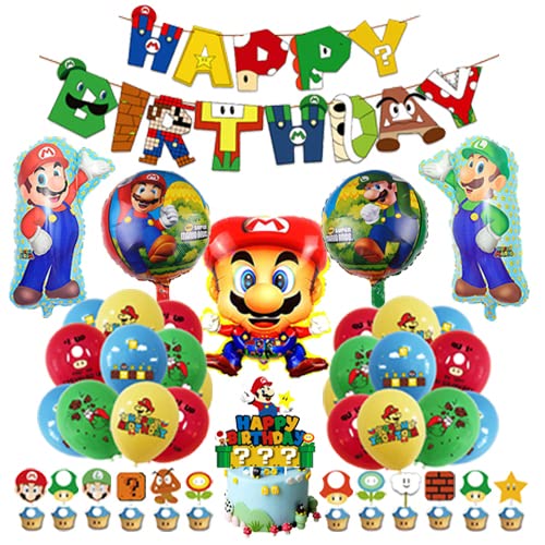 Mario Party Dekoration Set mit Geburtstagsballons, Super Brother Aluminiumfolieballons, Banner und Tortendekorationen von Ledudo
