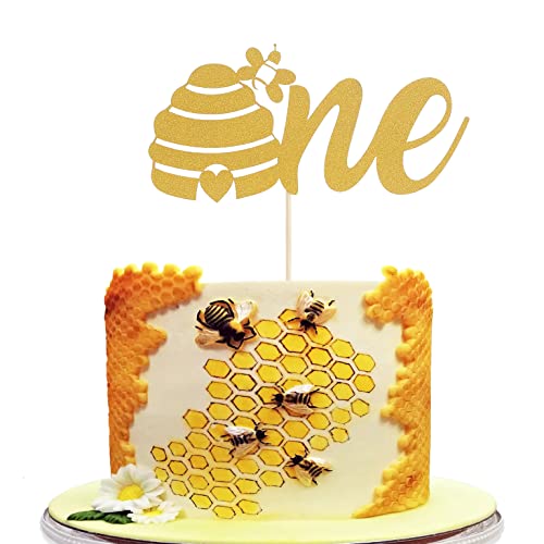 Bienenwabe Ein Tortenaufsatz-Gold Glitzer Hummel 1. Tortendeko, Baby 1. Geburtstag Biene Party Thema Tortenaufsatz, Junge Mädchen erster Geburtstag Kuchendekoration, Bee Smash Cake Topper von LeeLeeAn