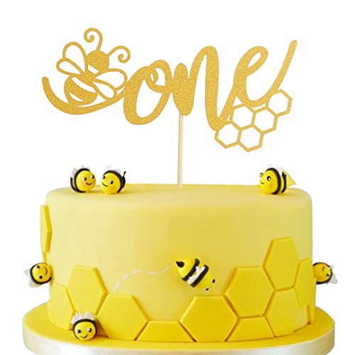 Gold One Bee Cake Topper - First Birthday Bee Cake Topper, Gold Glitter Bumble Bee One Cake Topper for Gender Reveal Baby Shower Party Decorations Supplies, Gold Honey 1st Birthday Cake Topper von LeeLeeAn