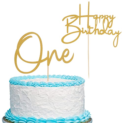 Gold One Birthday Cake Topper - 2 Stück One Cake Topper and Happy Birthday Cake Topper, Einseitig Gold Glitter Baby 1. Geburtstag Kuchendekoration, First Anniversary Party Kuchen Dekorationen von LeeLeeAn