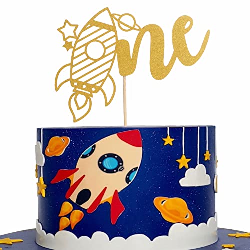 Gold Rocket One Cake Topper - Single-saide Gold Glitter 1st Birthday Rocket Cake Topper For Space Astronaut Themed Birthday Party, Baby Shower Party Cake Decoration, Gold Photo Booth Props von LeeLeeAn