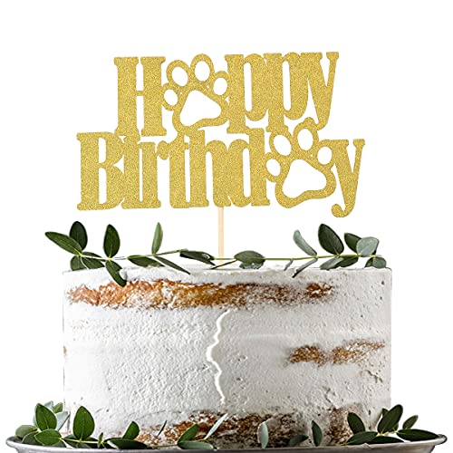 LeeLeeAn Happy Birthday Tortenaufsatz – Gold Happy Birthday Hundepfoten-Kuchendekorationen, Haustier Hund Geburtstag Party Kuchen Topper, Welpe Thema Gold Glitzer Geburtstag Supplies von LeeLeeAn