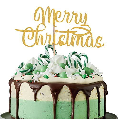 LeeLeeAn Merry Christmas Cake Topper - Gold Glitzer Frohe Weihnachten Kuchen Dekoration, Happy New Year Cake Topper, Weihnachten Party Dekoration Supplies, Golden Glitter Winter Holiday Cake Decor von LeeLeeAn