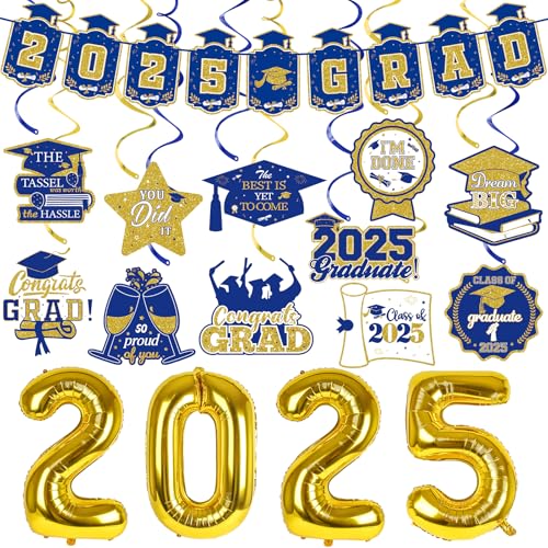Abschluss-Party-Dekorationen 2025 Blau und Gold – 2025 Grad Banner, Abschluss-hängende Wirbel und Abschluss-Folienballons für College, High School, Abschlussfeier, Partygeschenke Abschluss-Party-Dekorationen 2025 Blau und Gold – 2025 Grad Banner, Abschluss-hängende Wirbel und Abschluss-Folienballons für College, High School, Abschlussfeier, Partygeschenke von LeeSky