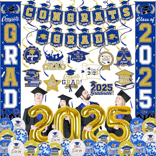 Abschluss-Party-Dekorationen 2025 Blau und Gold – Congrats Grad Banner, 2025 Veranda Banner, Abschlussfeier hängende Wirbel und Abschluss-Folienballons für College, High School, Abschlussfeier, Abschluss-Party-Dekorationen 2025 Blau und Gold – Congrats Grad Banner, 2025 Veranda Banner, Abschlussfeier hängende Wirbel und Abschluss-Folienballons für College, High School, Abschlussfeier, von LeeSky