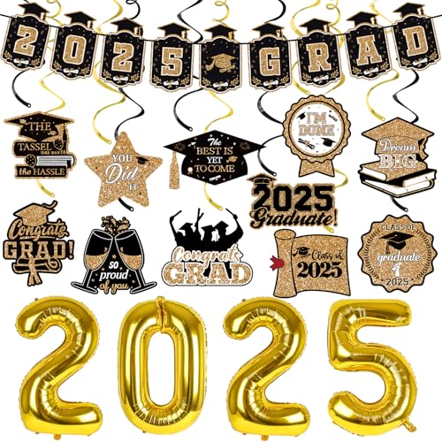 Abschluss-Party-Dekorationen 2025 Schwarz und Gold – 2025 Grad Banner, Abschluss-hängende Wirbel und Abschluss-Folienballons für College, High School, Abschlussfeier, Partygeschenke Abschluss-Party-Dekorationen 2025 Schwarz und Gold – 2025 Grad Banner, Abschluss-hängende Wirbel und Abschluss-Folienballons für College, High School, Abschlussfeier, Partygeschenke von LeeSky