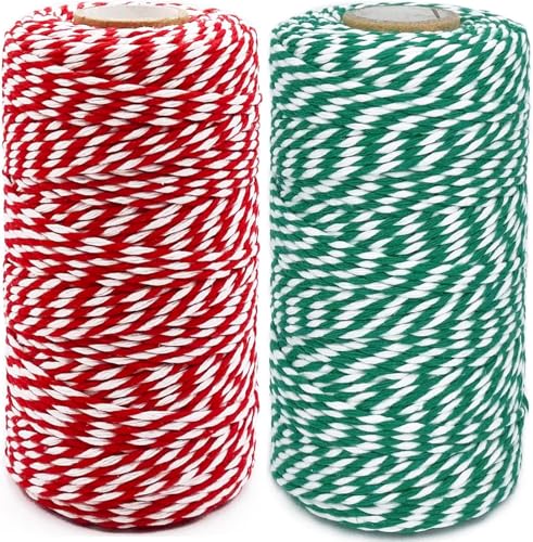 Weihnachtsschnur, 2 Rollen, 200 m, 2 mm, Bäckergarn, grün, weiß und rot, weiß, Baumwollschnur für Bastelarbeiten, Heimwerker, Heimdekoration, Kunst, Gartenarbeit, Backen, Metzgerschnur, Schnur von Leecogo