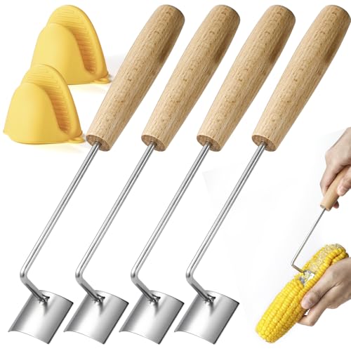 Maisschäler für Maiskolben Maiskolben Maisschneider Schälwerkzeug mit Handschuhen (4 Edelstahlschäler, 2 gelbe Handschuhe) von Leegg