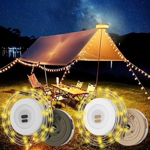 Camping Lichterkette Aufrollbar, Tragbare Wasserdichte Verstaubar Usb Wiederaufladbare Campinglampe Für Aussen Balkon Hof Party Festival Deko (2 Stück (Gelb & Grün), 10M (Farbe & Warmes Licht)) von Leehui