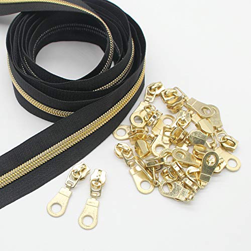 # 5 Antik Gold Metallic Nylon Spule Reißverschlüsse von der Werft Masse 10 Yards schwarzes Klebeband mit 25 Stück Gold Schieberegler für DIY Nähen Schneider Handwerk Tasche Leekayer (schwarz) von Leekayer