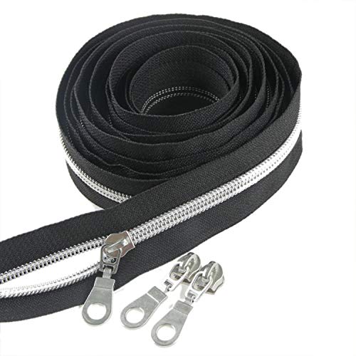 #5 antikes Silber metallic Nylon Spule Reißverschlüsse von The Yard Bulk 9m schwarzes Klebeband mit 25 Stück Silber Schieberegler für DIY Nähen Schneider Handwerk Tasche Leekayer (schwarz) von Leekayer