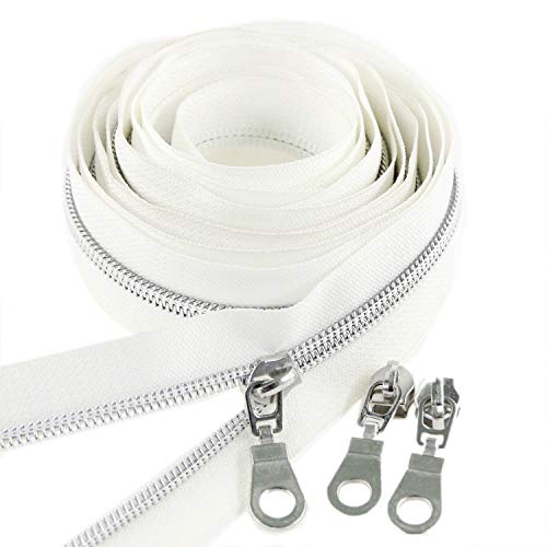 # 5 Antik Silber metallic Nylon Spule Reißverschlüsse von The Yard Bulk 10 Yards weißes Band mit 25 Stück Silber Schieberegler für DIY Nähen Schneider Handwerk Tasche Leekayer (weiß) von Leekayer