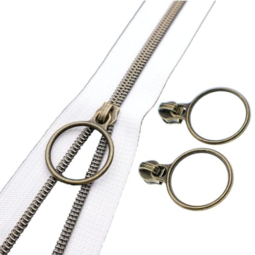 Leekayer #5 Antike Messing Metallic Nylon Spule Reißverschlüsse durch die Meter Bulk 9 Meter Weißes Reißverschlussband mit 25pcs Ring Zug Schieber für DIY Nähen Schneider Handwerk Tasche (weiß) von Leekayer