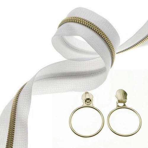 Leekayer #5 Gold-Metallic-Nylon-Spiralreißverschlüsse, 9,1 m, weißes Reißverschlussband mit 25 goldfarbenen Ringschiebern für Heimwerker, Nähen, Schneidern, Handwerk, Tasche (weiß) von Leekayer