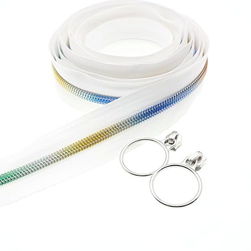 Leekayer #5 Regenbogen-Reißverschlüsse aus metallischem Nylon, 9,1 m, weißes Reißverschlussband mit 25 silberfarbenen Ringschiebern für Heimwerker, Nähen, Schneidern, Handwerk, Tasche (weiß) von Leekayer