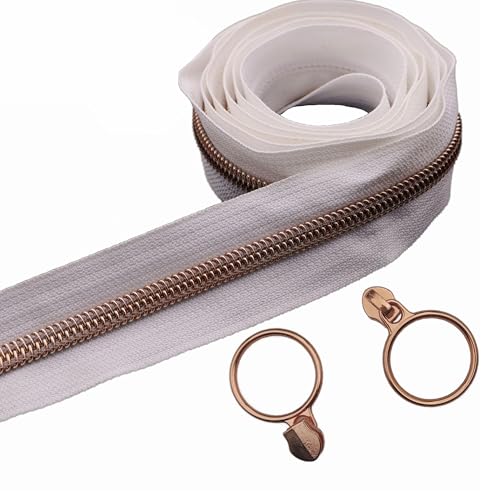 Leekayer #5 Rotgold-Metall-Zähne, Nylon-Spiralreißverschlüsse, 9,1 m, weißes Reißverschlussband mit 25 rotgoldenen Ringschiebern für Heimwerker, Nähen, Schneider, Handwerk, Tasche (weiß) von Leekayer