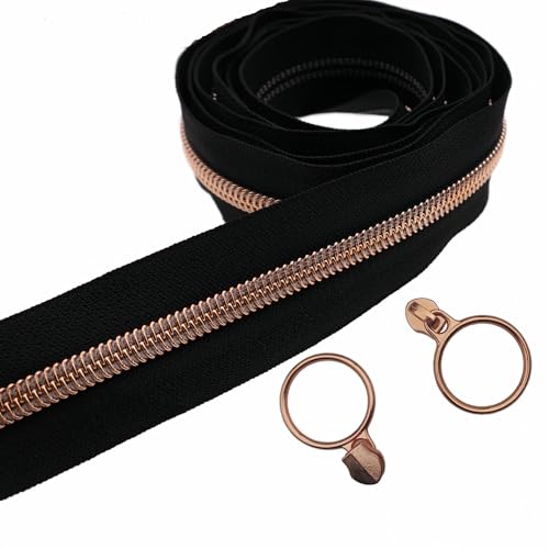 Leekayer #5 Rotgoldfarbene Metallzähne Nylon-Spiralreißverschlüsse pro Yard Bulk 9,1 m schwarzes Reißverschlussband mit 25 rotgoldenen Ringschiebern für Heimwerker, Nähen, Schneider, Handwerk, Tasche Leekayer #5 Rotgoldfarbene Metallzähne Nylon-Spiralreißverschlüsse pro Yard Bulk 9,1 m schwarzes Reißverschlussband mit 25 rotgoldenen Ringschiebern für Heimwerker, Nähen, Schneider, Handwerk, Tasche von Leekayer