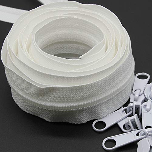 Leekayer 5# Weiße Nylonspulen-Nähreißverschlüsse Meterware 10 Yards mit 25 Stück weißen Schiebern für DIY Schneider Nähen Handwerk, Gepäck, Kleid, Sofakissen, Kissen, Tasche von Leekayer