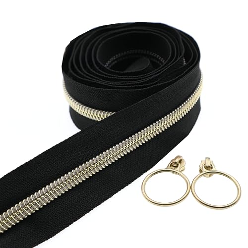 Leekayer Metallic-Nylon-Spiralreißverschlüsse von The Yard Bulk 9,1 m, schwarzes Reißverschlussband mit 25 Goldringschiebern für Heimwerker, Nähen, Schneidern, Handwerk, Tasche (Schwarzgold) von Leekayer