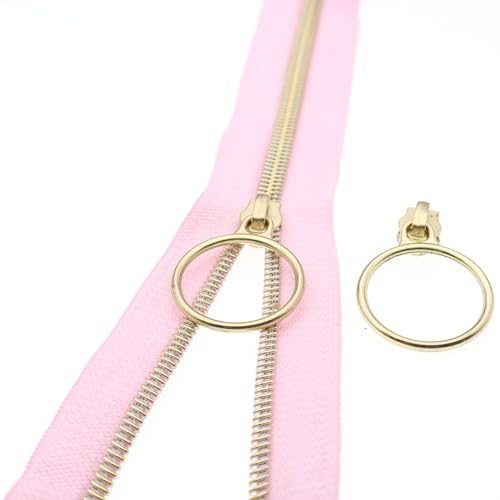 Leekayer The Yard #5 Gold-Metallic-Nylon-Spiralreißverschlüsse, 9,1 m, pinkes Reißverschlussband mit 25 Goldringschiebern für Heimwerker, Nähen, Schneider, Handwerk, Tasche (Rosa) von Leekayer