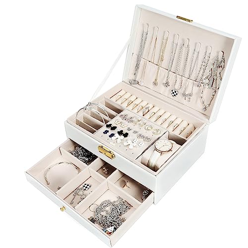 Leerweii Schmuckkästchen Mädchen, 2 Ebenen PU-Leder Schmuckaufbewahrung mit Schublade, Schmuckschatulle Mädchen Schmuckbox für Ringe, Ohrringe, Halsketten und Uhren, mit Schloss und Schlüssel, Weiß von Leerweii