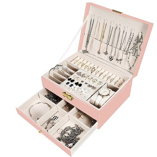 Leerweii Schmuckkästchen Mädchen, 2 Ebenen PU-Leder Schmuckaufbewahrung mit Schublade, Schmuckschatulle mit Schloss und Schlüssel Reise Schmuckkästchen für Ringe, Ohrringe, Halsketten und Uhren, Rosa Leerweii Schmuckkästchen Mädchen, 2 Ebenen PU-Leder Schmuckaufbewahrung mit Schublade, Schmuckschatulle mit Schloss und Schlüssel Reise Schmuckkästchen für Ringe, Ohrringe, Halsketten und Uhren, Rosa von Leerweii