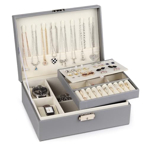 Leerweii Schmuckkästchen Mädchen, 2-Layer PU Leder Schmuckaufbewahrung Schmuckbox mit 2 Uhrenkissen Schmuckschatulle mit abnehmbarem Tablett für Ohrringe Ringe Halsketten Uhren Armbänder, Grau Leerweii Schmuckkästchen Mädchen, 2-Layer PU Leder Schmuckaufbewahrung Schmuckbox mit 2 Uhrenkissen Schmuckschatulle mit abnehmbarem Tablett für Ohrringe Ringe Halsketten Uhren Armbänder, Grau von Leerweii