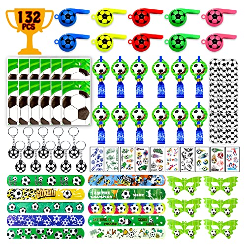 Leesgel 132pcs Fußball Party Mitgebsel Kinder, Fußball Schlüsselanhänger Trillerpfeife Tattoo Geschenktüten Gebläse Fußball Aufkleber, Fußball Give Aways für Kinder Jungen Fußball Geburtstagsdeko von Leesgel