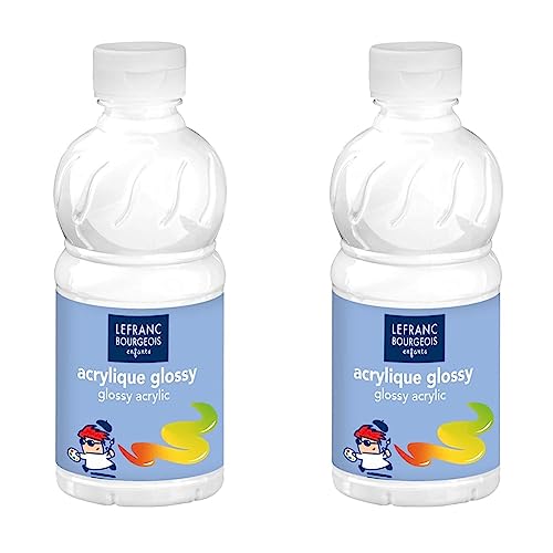 Lefranc & Bourgeois 807540 Glossy Kinder - Acrylfarbe, gebrauchsfertige flüssige Acrylfarbe, glänzend und wasserfest, Ideal auf Papier, Karton, Holz, Gips, Metall, 250ml Flasche - Weiß, Packung mit 2 von Lefranc & Bourgeois