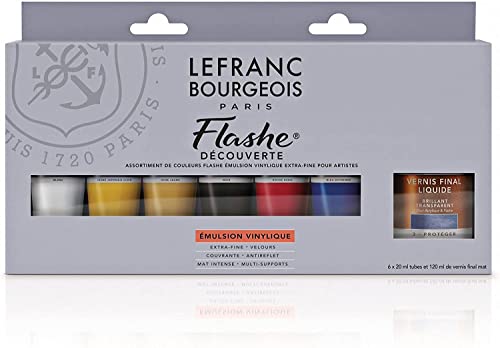 Lefranc Bourgeois 300340 Flashe Acrylfarbe & Vinylfarbe, hochpigmentiert, elastisch, lichtecht, alterungsbeständig, matt, für den Innen- & Außenbereich - 6 Farben Discovery Set a 20ml Tuben von Lefranc Bourgeois