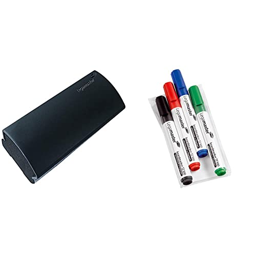 Legamaster 7-120500 Whiteboard-Löscher TZ 4 zur schnellen und trockenen Tafelreinigung, anthrazit & 7-110594 Boardmarker TZ 100, 4er Set, je 1 Marker in schwarz, rot, blau und grün von Legamaster