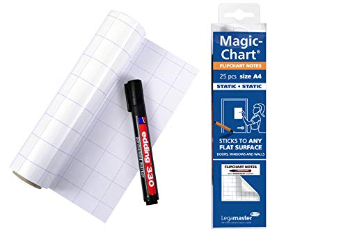 Legamaster Magic-Chart Flipchart Notes - statisch selbsthaftend - weiß mit Raster - inkl. 1 Permanentmarker - 25 DIN A4-Blätter von Legamaster