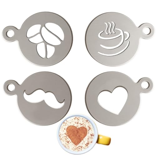 Kaffee-Schablonen aus Edelstahl, personalisierbar, für Latte-Kunst und Kuchendekoration mit Barista-Grade Cappuccino-Kunstvorlagen, 4 Stück Kaffee-Schablonen aus Edelstahl, personalisierbar, für Latte-Kunst und Kuchendekoration mit Barista-Grade Cappuccino-Kunstvorlagen, 4 Stück von Legend
