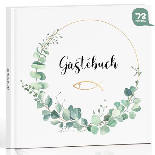 Gästebuch für Kommunion, Konfirmation, Jugendweihe, Taufe, Hochzeit | Gästebuch Hardcover mit 72 blanko Seiten für Glückwünsche Fotos Erinnerungsbuch Eukalyptus Goldfolie, Geschenk für Jungen Mädchen von Legezon
