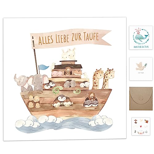 Taufgeschenke für Jungen Mädchen Patenkind, Karte Taufe mit Umschlag aus Kraftpapier,Hochwertig Taufkarten mit Taufe Sticker Deko, Glückwunschkarten zur Taufe Arche Noah, Geschenk Taufe Klappkarte von Legezon