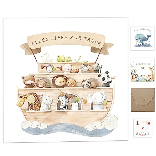 Taufgeschenke für Jungen Mädchen Patenkind, Karte Taufe mit Umschlag aus Kraftpapier,Taufkarten mit Sticker Deko,Glückwunschkarten zur Taufe Arche Noah Geburt,Personalisiert Geschenk Taufe Klappkarte von Legezon